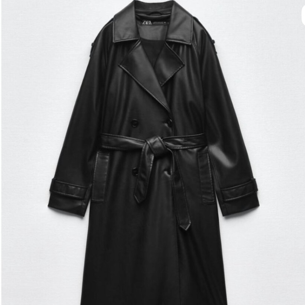 Zara Belted Black Faux Leather Trench Coat